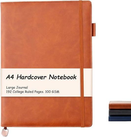 King Mills A4 Hardcover Notebook 8.5 X 11, A4 College Ruled Notebook, Brown | 192 Pages, 100GSM Premium Paper, A4 Notebook Hardcover, PU Leather Cover, Pen Loop