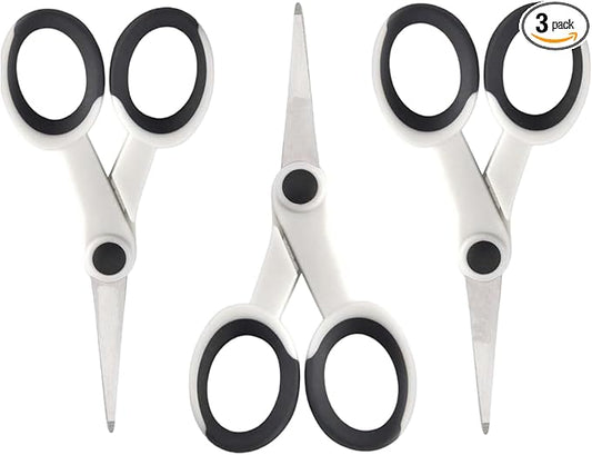 5 Inch Detail Scissors, Precision Paper Cutting Scissor with Stainless Steel Blade, Soft Comfort-Grip, Straight Fine Tips Small Sewing Scissors Set, 3 Pack, White