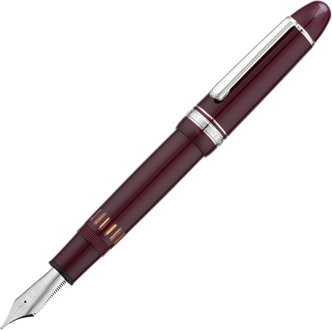 Yongsheng Junlai 930 Acrylic Fountain Pen, Size 9 Broad Nib with Piston Filling System, Wine Red Fence Ink Tank with Torpedo Shape Design Large Hand Pen (Silver Trim)