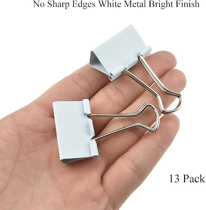 HAHIYO Binder Clips Paper Clamps Spring Steel Sturdy Medium 1.26 inches Width 0.39 Inch Capacity No Sharp Edges Heavy Duty Tight Grip Reusable White Metal Bright Finish for Home Office School 13 Pack