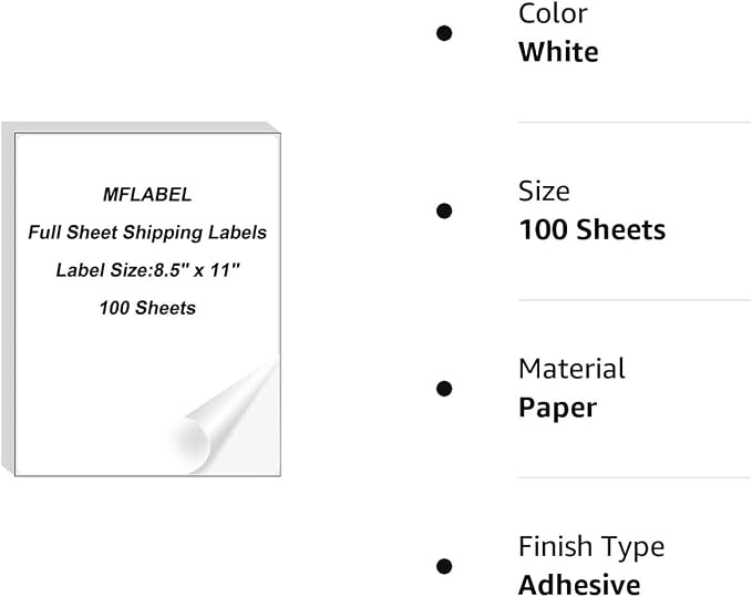 MFLABEL Full Sheet Sticker Label, Address Sticker, White Matte Label Paper, 8-1/2" x 11" Shipping Labels for Laser & Inkjet Printer (1200 Labels, 1200 Sheets)