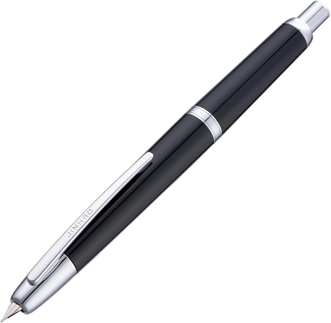 Jinhao 20 Press Fountain Pen, Piano Black Retractable Fine Nib with Ink Converter Set (Silver Clip)
