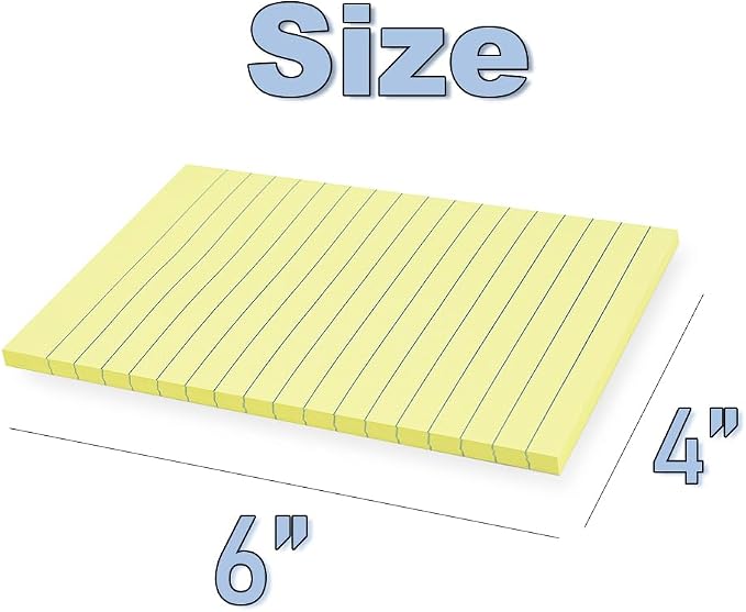 (6 Pack) Lined Sticky Notes 4x6 in,Yellow Large Notepads with Lines,Ruled Stickies Super Sticking Power,Office School Memo Note Pads,Post on Windows Doors,Recyclable,Easy to Write on,Hold Well
