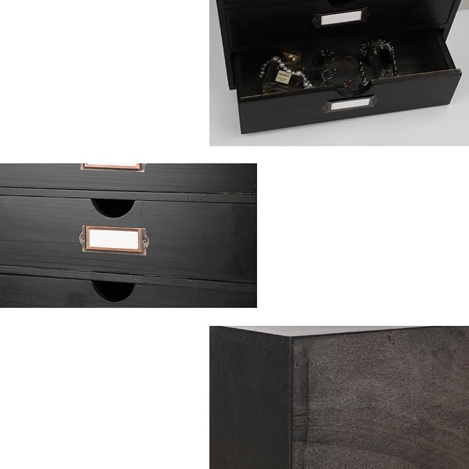 Large Wooden Drawers Wooden Box with Drawer Black | 3 Drawer Storage Box for Apothecary Cabinet, Apothecary Drawers，Desktop Organizer with Metal Handles for Office，Home