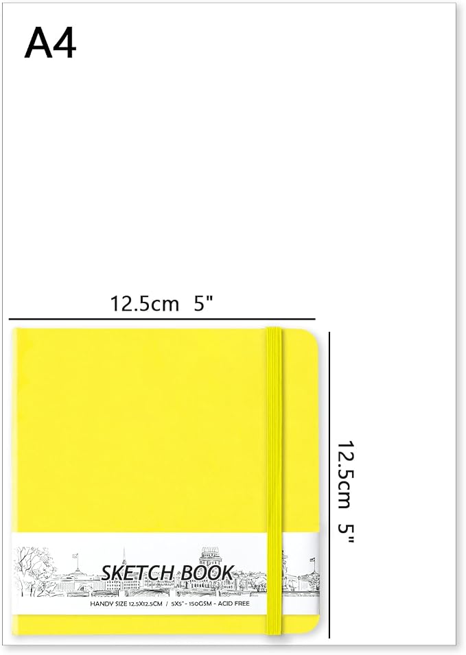5" x 5" Hardcover Sketch Book,58 Sheets Small Mixed Media Pocket Sketch Pad | PU Cover,150 GSM Acid Free Artist Drawing Paper,Travel Journal Blank Notebook for Adults Sketching,Illustration.Bright Yellow