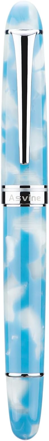 Asvine P50 Piston Fountain Pen Sky Blue Resin, Extra Fine Nib Gold Trim Smooth Writer Collection with Pen Case Gift Set
