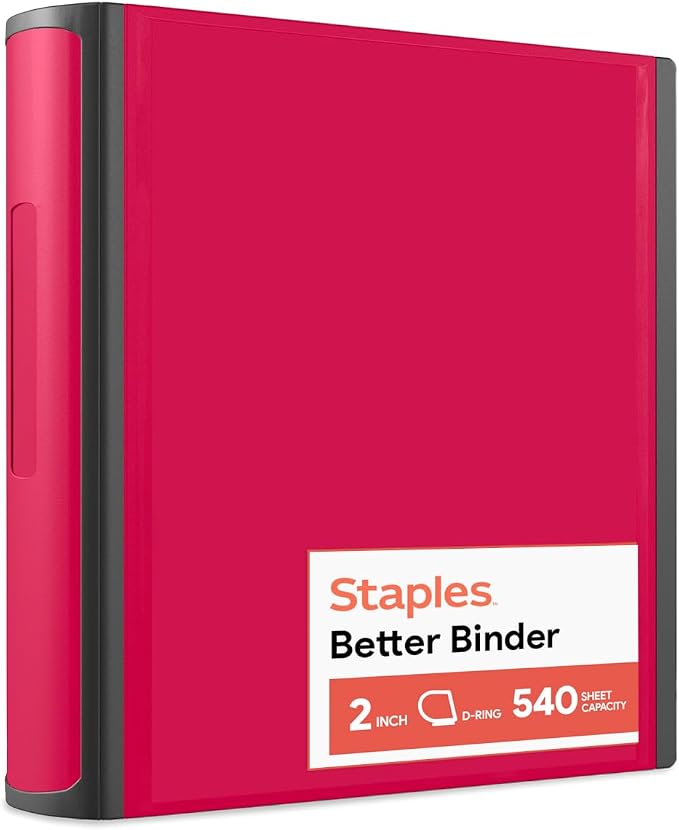 Staples Heavy-Duty 2-Inch D-Ring Binder, Red – 3-Ring Binder with Pockets, Holds Up to 540 Sheets for School & Office