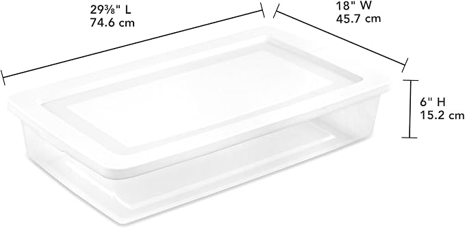 Sterilite 41 Qt Underbed Storage Box, Stackable Bin with Lid, Plastic Container to Organize Bedroom, Clear Base and White Lid, (Pack of 6)