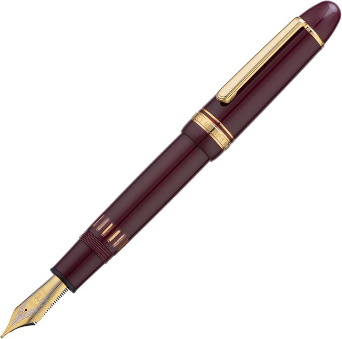 Yongsheng Junlai 930 Acrylic Fountain Pen, Size 9 Medium Nib with Piston Filling System, Wine Red Fence Ink Tank with Torpedo Shape Design Large Hand Pen (Gold Trim)