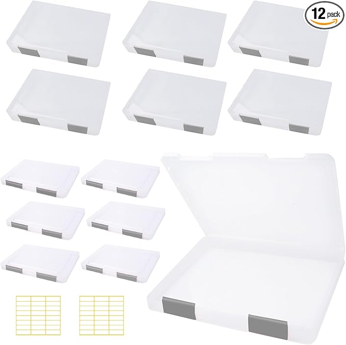 12 Pcs Clear A4 A5 File Box Document Plastic Storage Box with 48 Labels File Holder Organizer Paper Plastic Case Magazine Protector with Buckle Office School Supplies(Grey)