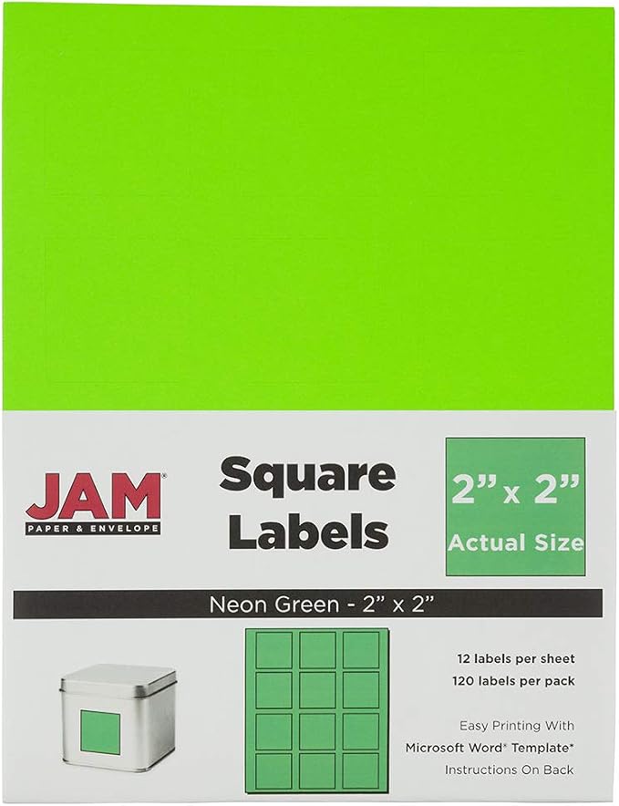 JAM PAPER Product & Container Labels - Square - 2 x 2 - Neon Green - 120/Pack