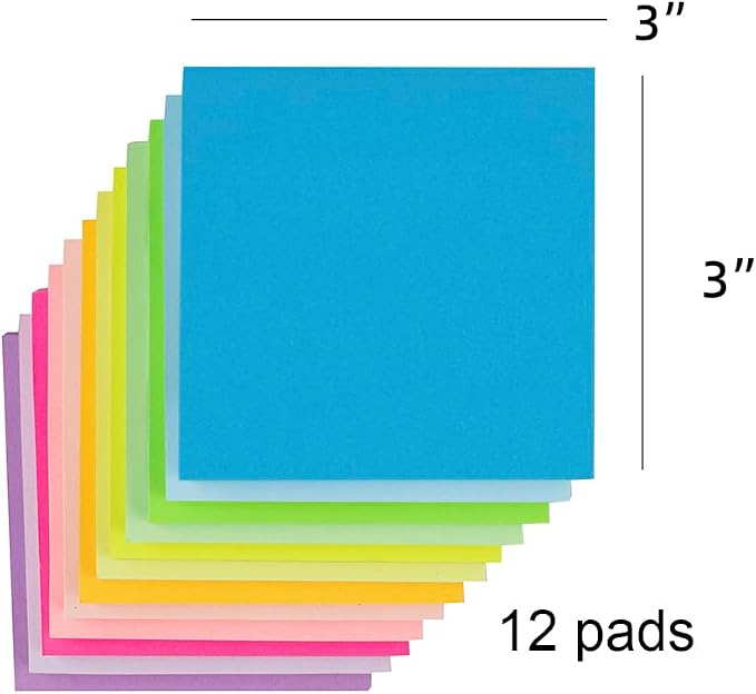 (12 Pads) Sticky Notes 3x3 Inches,Bright Colors Self-Stick Pads, Easy to Post for Home, Office, Notebook