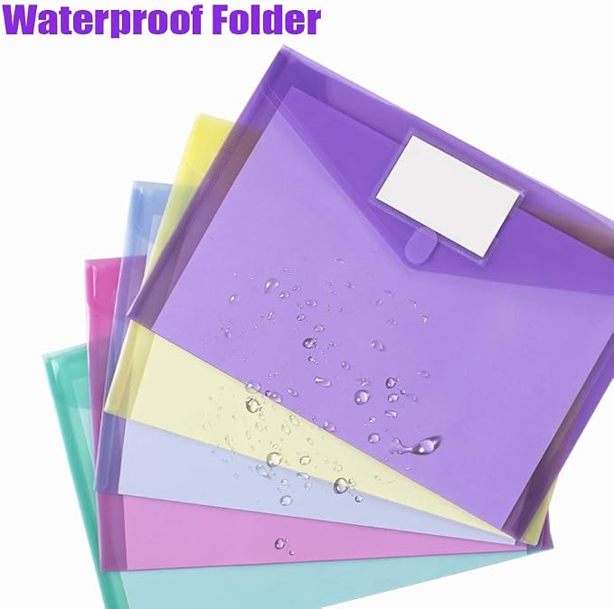 Sooez 10 Pack File Folders, Clear Poly Envelopes Plastic Folders, Folder for Documents Letter A4 Size with Label Pocket, Teacher School Office Supplies Organization Storage, Assorted Color