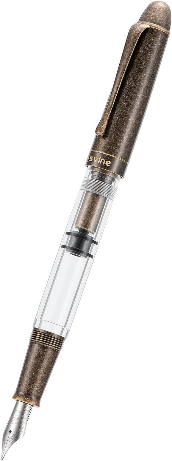 Asvine P30 Piston Fountain Pen Medium Nib, Retro Brass Style, Transparent Acrylic Large Ink Capacity Writing Gift Box