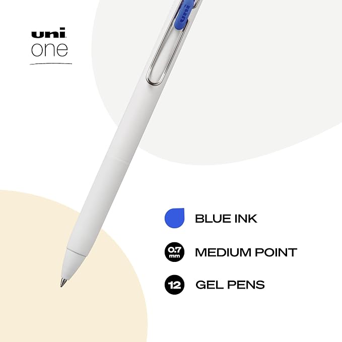 uniball™ one Retractable Gel Pens, Medium Point (0.7mm), Blue Ink, 12 Pack | Ink stays on top of paper fibers for crisp vivid lines, wire pocket clip, color indicator top, smooth barrel & rubber grip