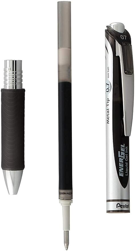 Pentel Energel 0.7 mm Deluxe RTX Liquid Gel Ink Pens, Metal Tip, Pack of 5 Black Pens with 3 Refills | Pack of 5 Black Pens with 3 Refills