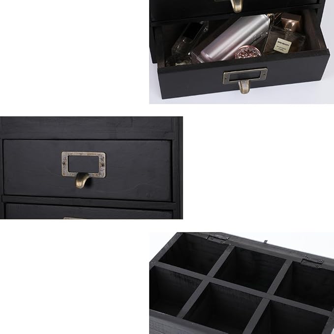 Small Wooden Drawers Wooden Box with Drawer Black | 2 Drawer Storage Box for Apothecary Cabinet, Apothecary Drawers，Desktop Organizer with Metal Handles for Office，Home