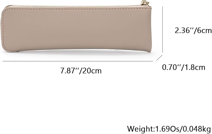 Faux Leather Pencil Case Slim Pencil Pouch Durable Zipper Stationery Bag Small Travel Use（Khaki/FL）