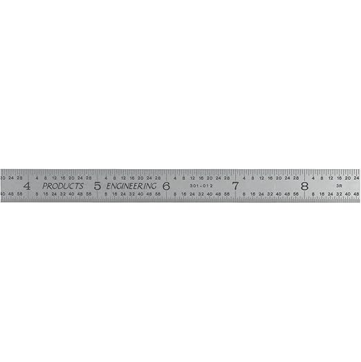 PEC Tools Made in USA Machinist Rule, 12" Flexible Steel Rule, Satin Chrome Finish, Markings 1/32", 1/64",1/10",1/50" for Professionals