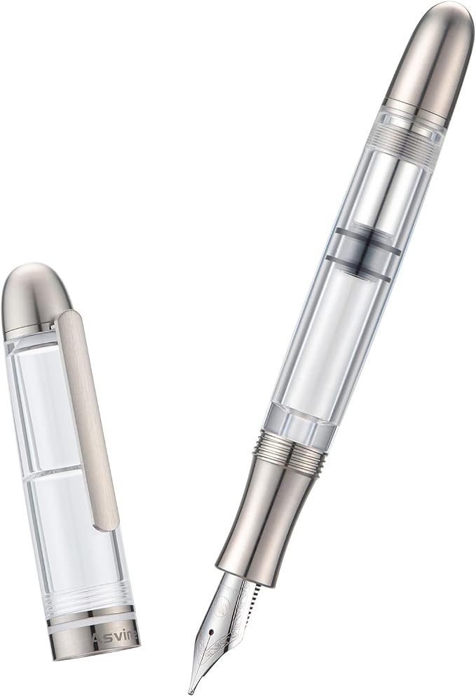 Asvine P36 Titanium Fountain Pen Piston Filling, Iridium Medium Nib Clear Transparent Acrylic Smooth Writing Pen Case Set