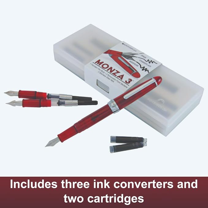Monteverde USA Monza 3 Fountain Pen Set (Red) - Medium, Fine, Omniflex Nib - Ideal Gift for Men & Women - Perfect for Office, Business, School, Gifts, Journaling, Autographs