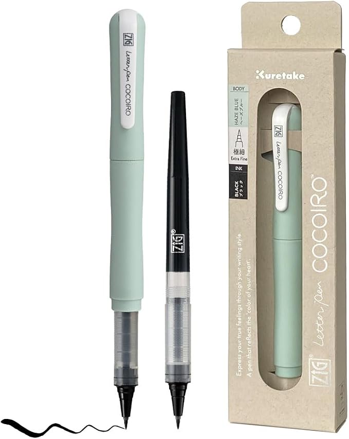 Kuretake ZIG Letter Pen COCOIRO, Body with Black Ink Refill Set, Flexible Extra Fine Brush Tip, Refillable marking Pen for Calligraphy, Hand Lettering, Made in Japan (HAZE BLUE, Black)