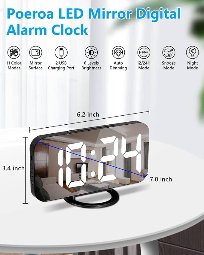 Digital Alarm Clocks,7" LED Mirror Electronic Clock,with 2 USB Charging Ports,Snooze Mode,Auto Adjust Brightness,Modern Desk Wall Clock for Bedroom Living Room Office - Black