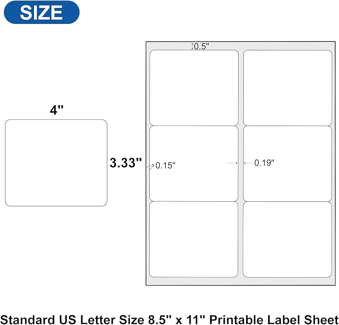 3 1/3" x 4" Shipping Address Label 100 Sheets 600 Mailing Labels for Laser Inkjet Printers, 5164 8164 Printable Label Paper, Matte White 6-per-Page