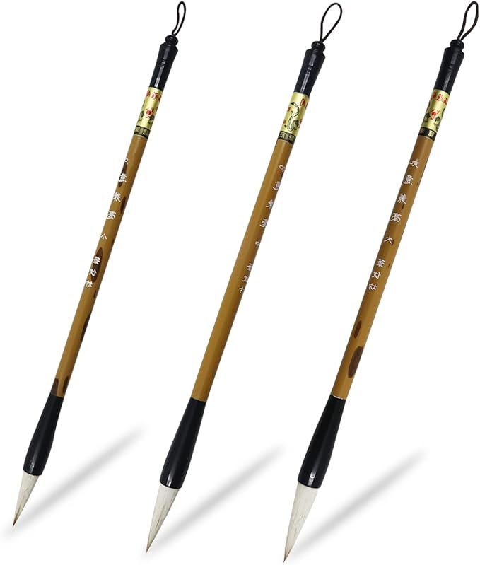 Huakaile 3 Sizes Chinese Calligraphy Brush Set, Chinese Writing Brushes, Painting Brushes with Bamboo Pen Holder, Traditional Art Sumi Brush (Large, Medium, Small Size)
