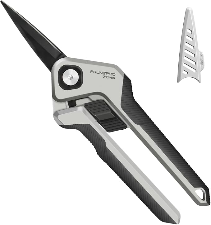 PrunePro Garden Scissors Pruning Shears - German Stainless Steel Teflon Coating Flowers Bonsai Snips Micro Tip for Precise Cutting Plant Rose Floral Clippers Small Pruners Indoor Outdoor Grey 1 Pack