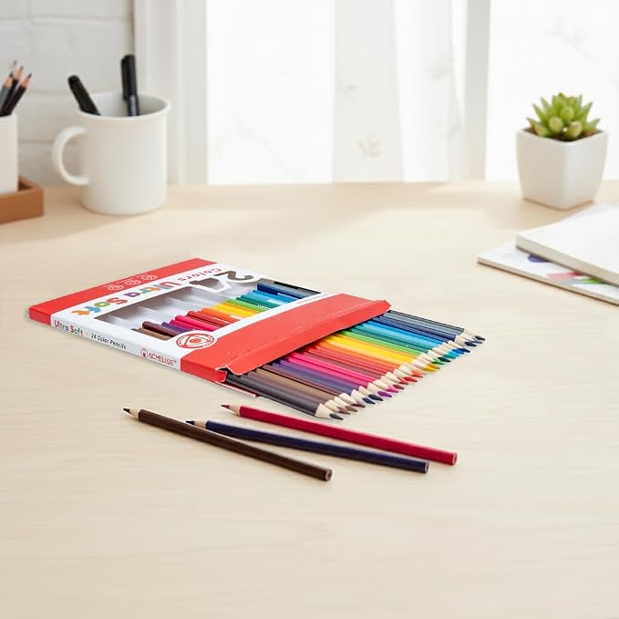 24 Colored Pencils Set – Soft Core, Pre-Sharpened, Break-Resistant – Ideal for Coloring Books, Drawing, Sketching, School Art Supplies (Classic Colors)