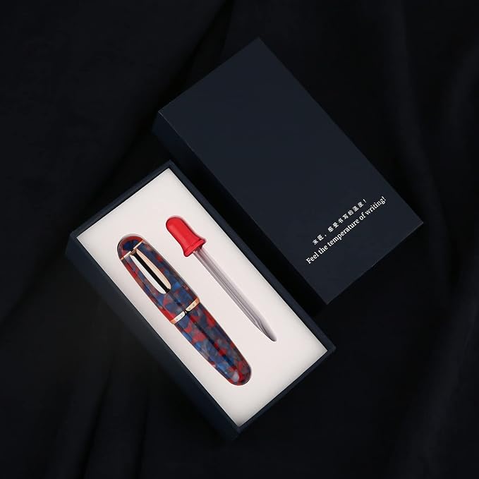 Majohn Q1 Fountain Pen Fude Pen Bent Nib Red Blue Acrylic, Little Fat Man Eyedropper Filling Pocket Pen Large Capacity