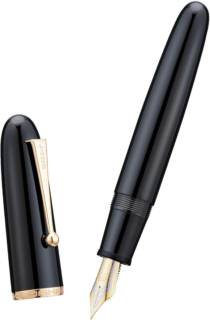 Jinhao 9019 Fountain Pen Black Acrylic Dadao Series Gold Trim #8 Fine Point Large Converter Smooth Writing Instrument