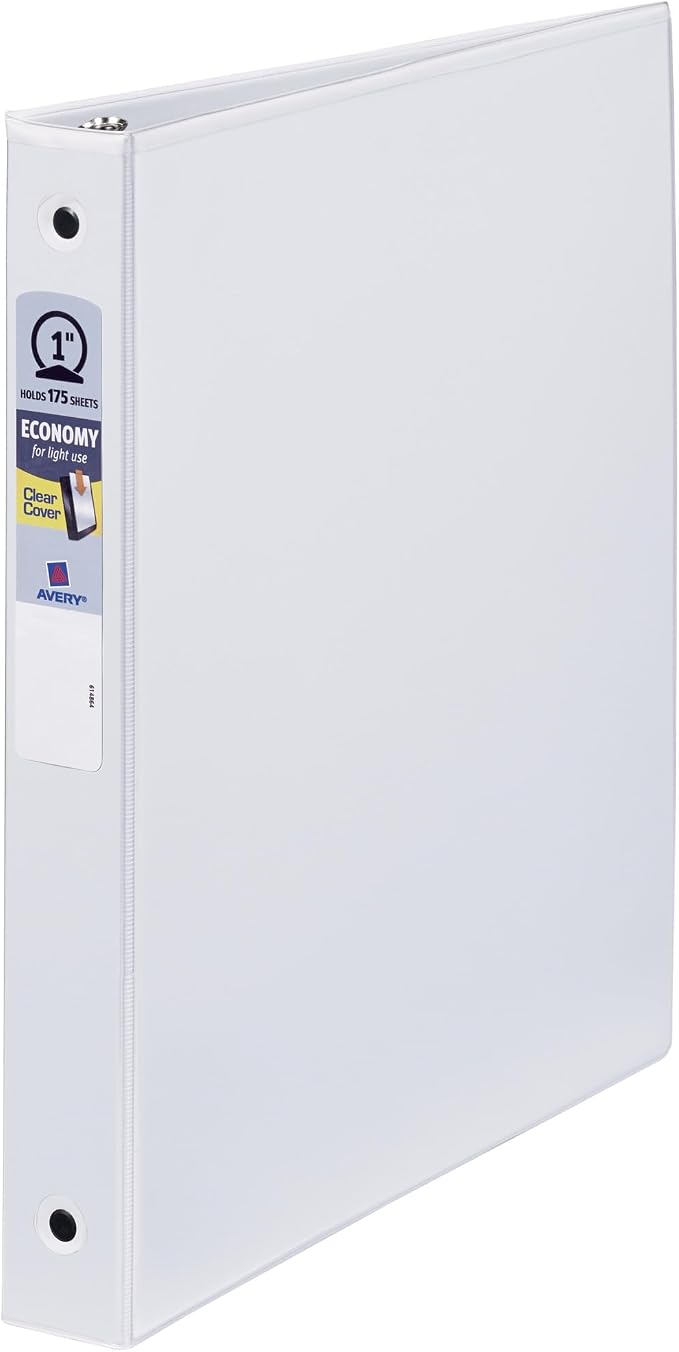 Avery Standard View 3 Ring Binder, 1" Round Rings, 175-Sheet Capacity, 1.4 Inch Wide Spine, 1 White Binder, Ideal for Lightweight Organization and Occasional Referencing (05760)