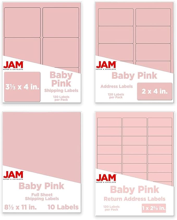 JAM PAPER Shipping & Mailing Address Labels - Multi Size Assortment - Baby Pink - 370/Pack