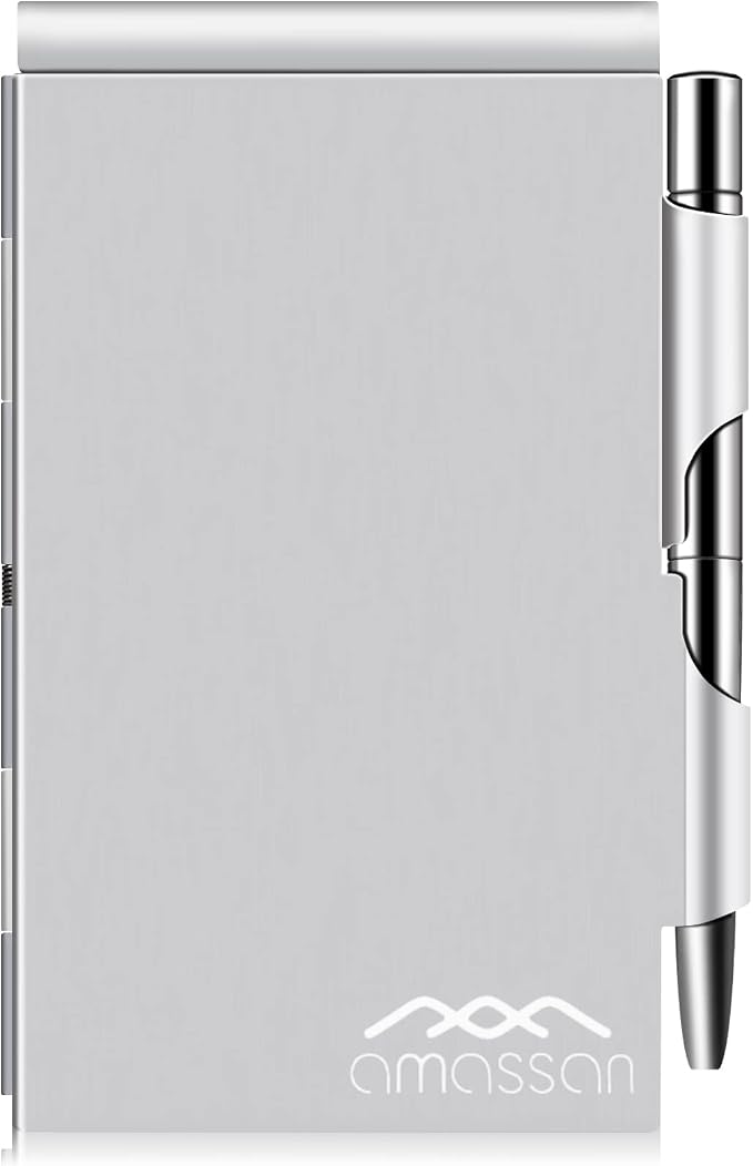 amassan Metal Pocket Notebook, Portable Small Pocket Notepad Aluminum Note Case with Mini Metal Pen and 60-Page Sheets (Pure Sliver)