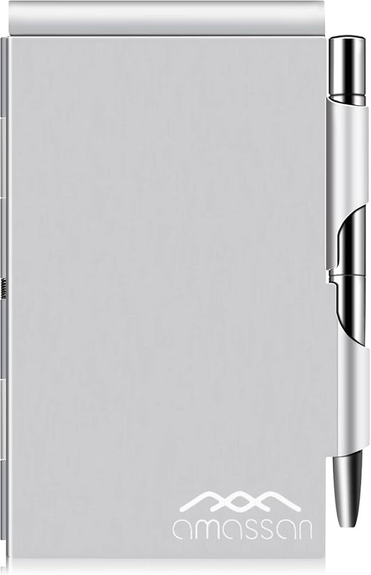 amassan Metal Pocket Notebook, Portable Small Pocket Notepad Aluminum Note Case with Mini Metal Pen and 60-Page Sheets (Pure Sliver)