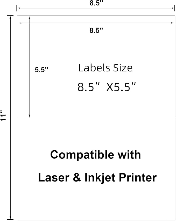 Half-Sheet Printable Shipping Labels- 5 1/2 x 8 1/2- Matte White Mailing Labels- Laser/Inkjet Compatible - 50/Pack