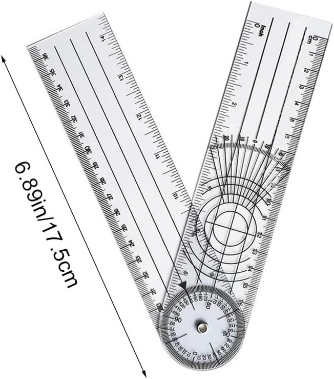 7 Inch Foldable Angle Ruler, Clear 360 Degree Goniometer Tool | Transparent plastic angle measuring tool with dual scales for woodworking, drafting, design, engineering and classroom use