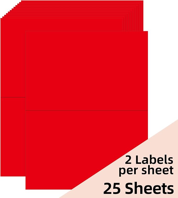 Half-Sheet Printable Shipping Labels- 5 1/2 x 8 1/2- Matte Red Mailing Labels- Laser/Inkjet Compatible - 50/Pack