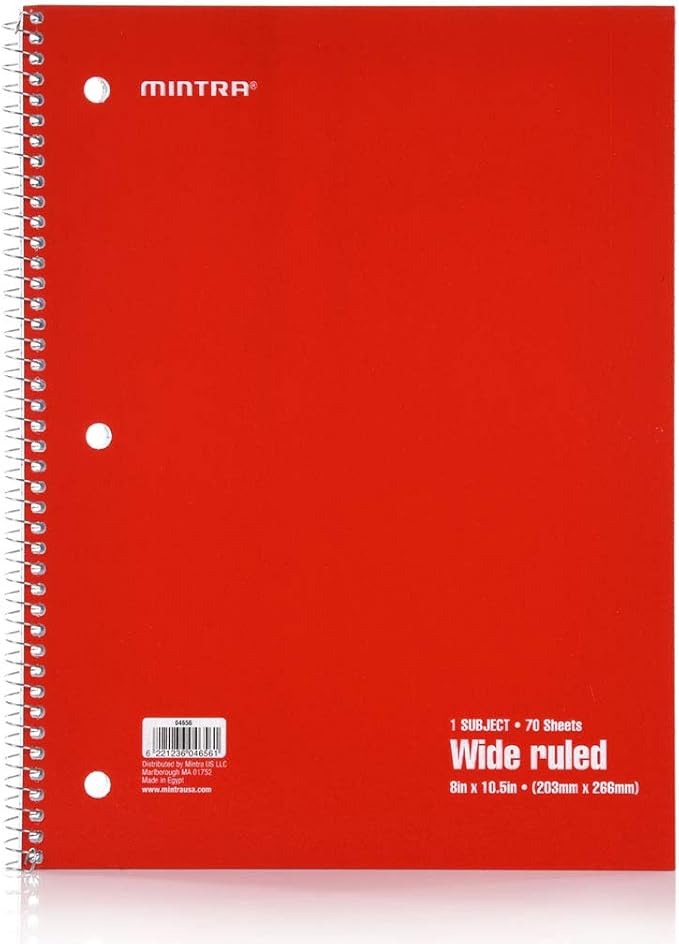 Mintra Office Spiral Notebooks Set - Primary Colors, Wide Ruled, Journals for School, Work, Business, Aesthetic Stationery, Writing Pads, Teacher & Student Supplies, 70 Sheets Each, 6-Pack