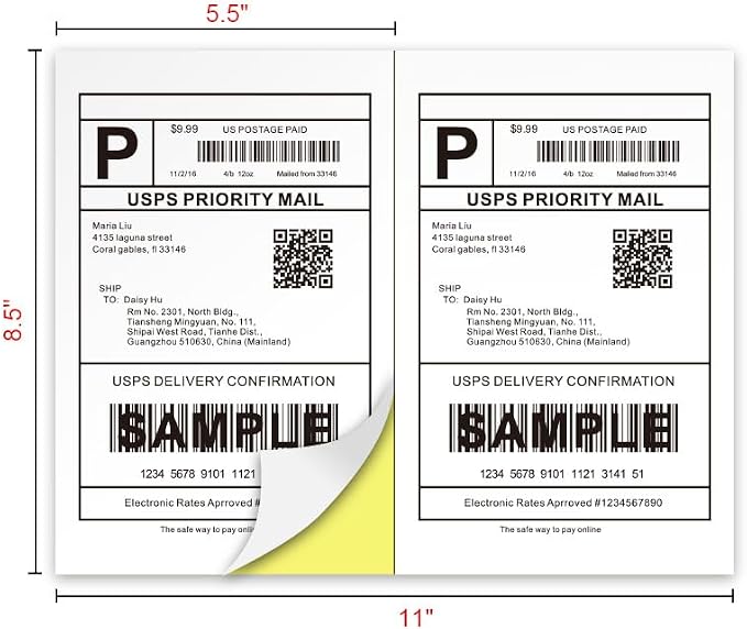 [100 Sheets; 200 Labels] Half Sheet Self Adhesive Shipping Label for Laser & Inkjet Printers, 2 Per Page Self Adhesive Mailing Labels – White 8.5'' x 5.5'' Label Paper