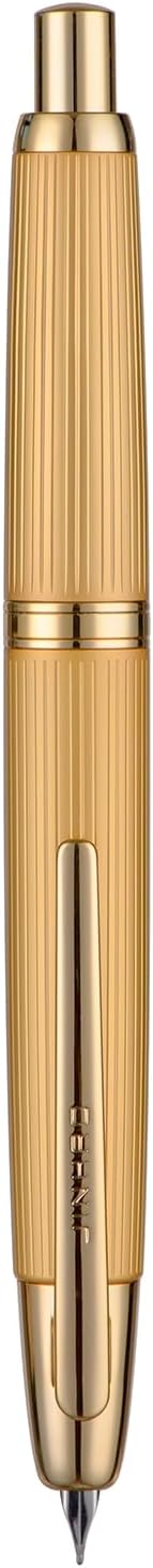 Jinhao 10 Press Fountain Pen with Box, Brushed Matt Gold Retractable Fine Nib with Converter Set (Golden Clip)