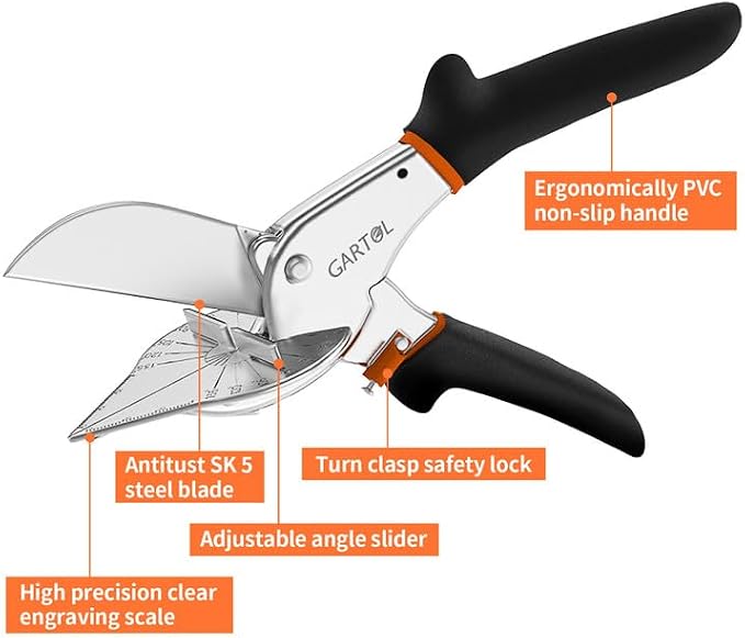 GARTOL Miter Shears, 45°-135° Adjustable Angle Cutter for Shoe Moulding, Quarter Round and PVC, SK5 Steel Trim Scissors (Tool Only)