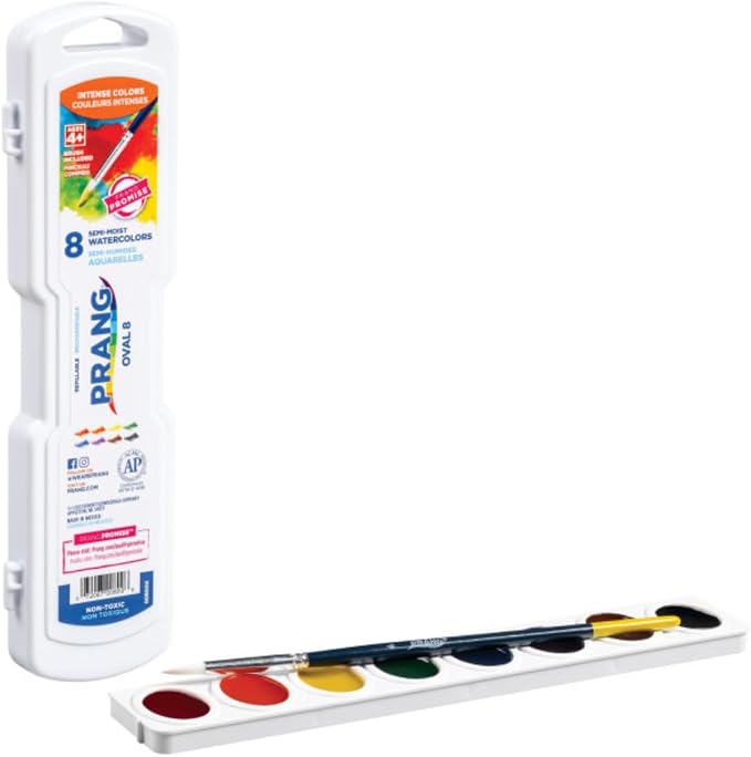 Prang Semi-Moist Watercolors 8-Color Oval Pan Set, Pack of 6 | Refillable, Wax-Free Pigments, Mixing Tray in Lid, Size 6 Paintbrush Included
