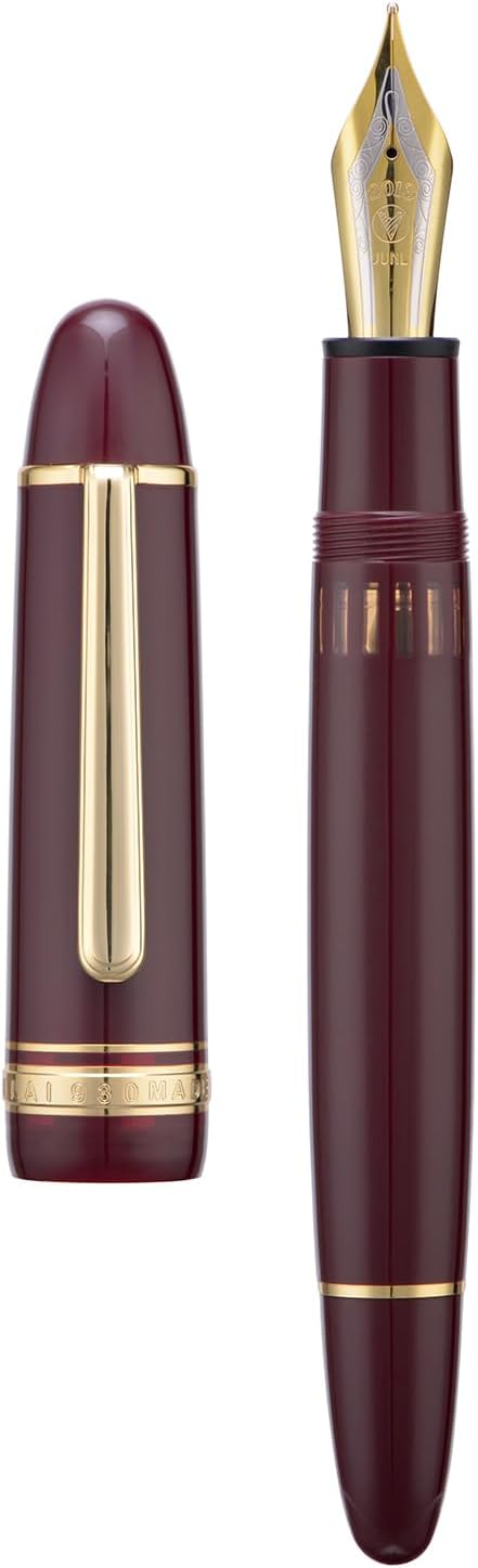Yongsheng Junlai 930 Acrylic Fountain Pen, Size 9 Medium Nib with Piston Filling System, Wine Red Fence Ink Tank with Torpedo Shape Design Large Hand Pen (Gold Trim)