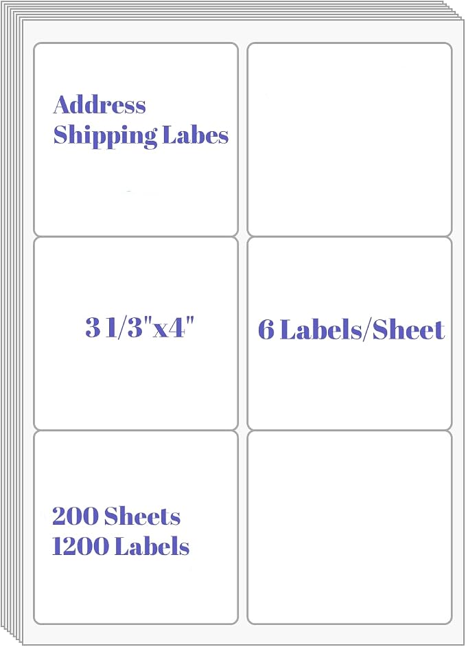 6 UP Labels, 4" x 3-1/3" Shipping Address Labels for Laser Inkjet Printer, Self Adhesive, Blank Mailing Paper (200 Sheet=1200) | Mailing Labels, Self Adhesive White Sticker Paper, Blank Mailing Paper (200 Sheet=1200 Labels)