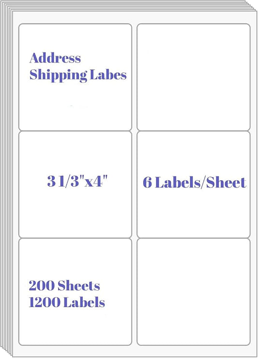 6 UP Labels, 4" x 3-1/3" Shipping Address Labels for Laser Inkjet Printer, Self Adhesive, Blank Mailing Paper (200 Sheet=1200) | Mailing Labels, Self Adhesive White Sticker Paper, Blank Mailing Paper (200 Sheet=1200 Labels)
