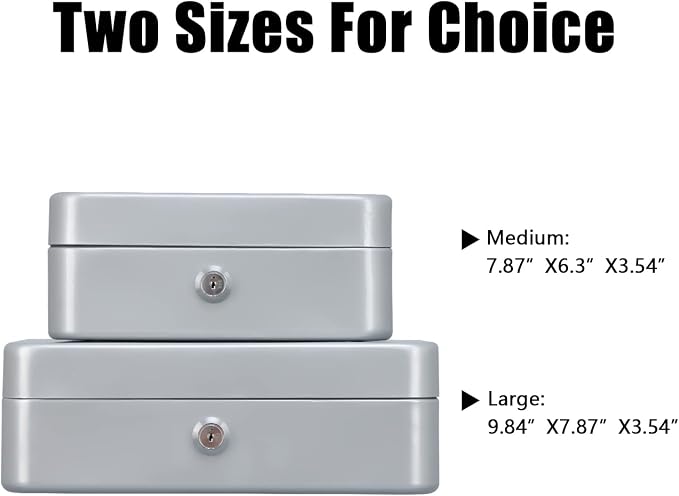 KYODOLED Medium Cash Box with Money Tray,Small Safe Lock Box with Key,Cash Drawer,7.87"x 6.30"x 3.54" Lightgrey Medium