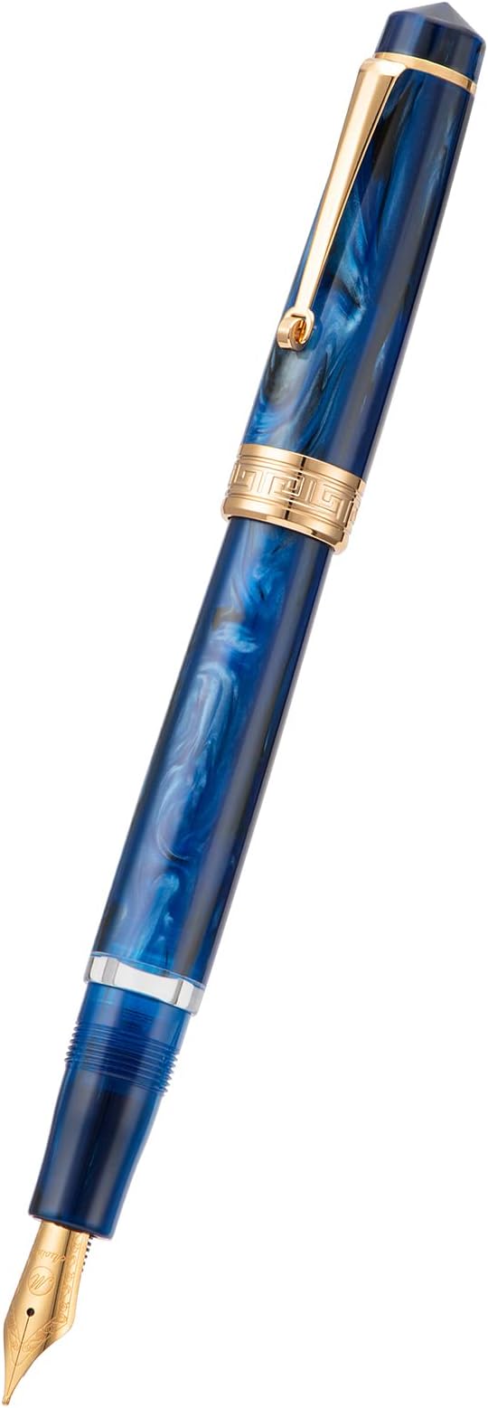 Asvine P20 Piston Fountain Pen Galaxy Blue Resin, Iridium Extra Fine Nib Gold Trim Smooth Writer Collection with Case Set